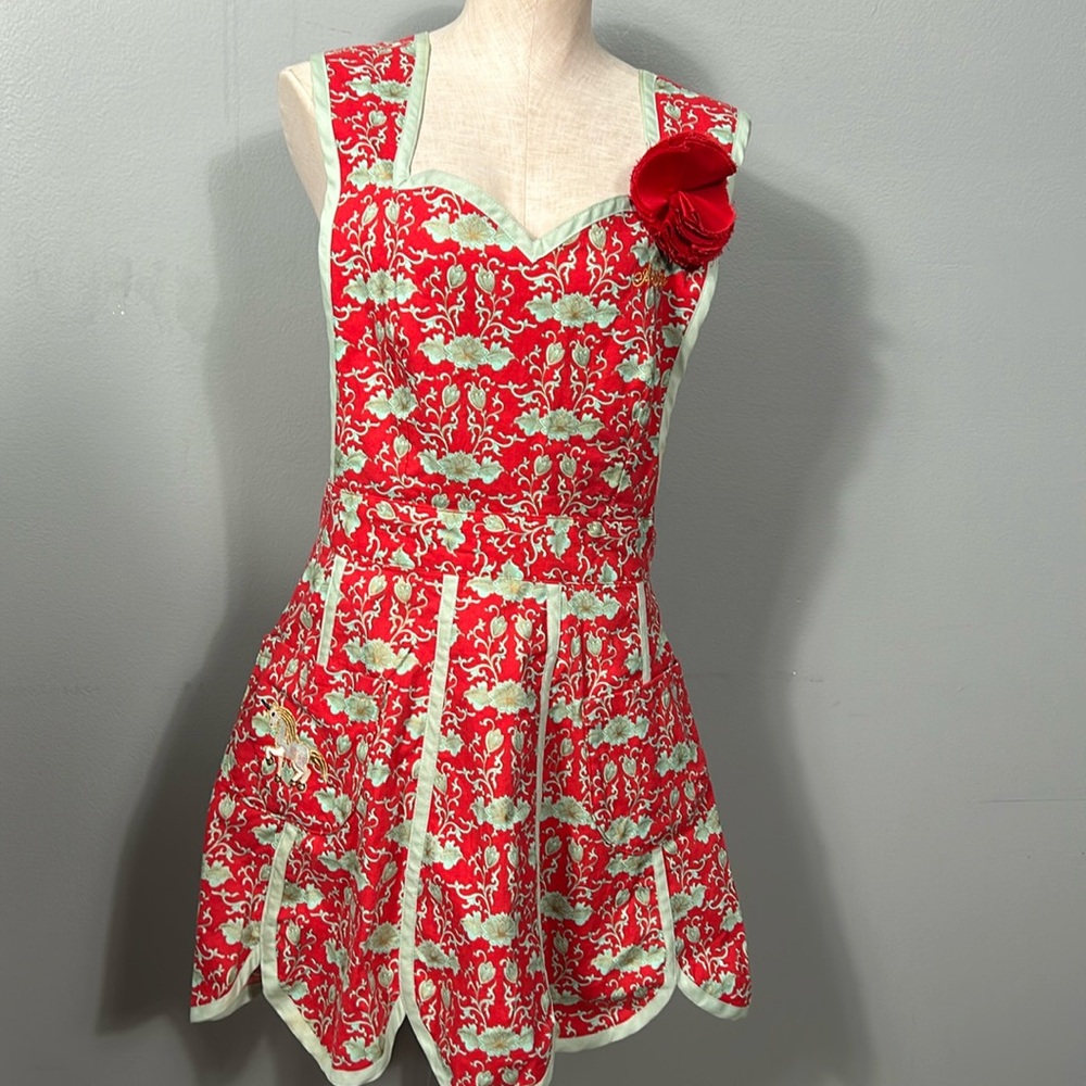 Vintage Teal and Red Floral Criss Cross Back Apron 60s 70s 80s